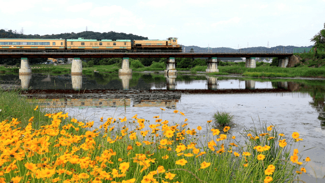 Train crossing a bridge over a river