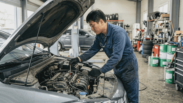 Mechanic inspecting car engine in garage