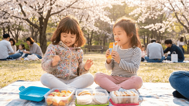 Girls enjoying picnic under cherry blossoms, eating drinks and fruit
