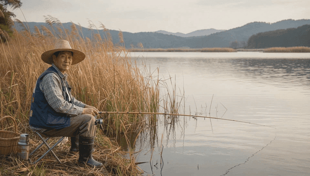 가을 강가에서 낚시를 즐기는 남성 노인