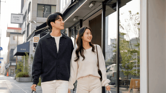 Couple walking down city street