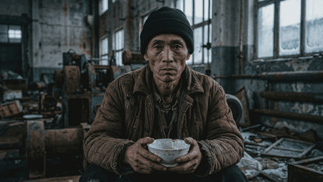 Old man holding dish in abandoned factory