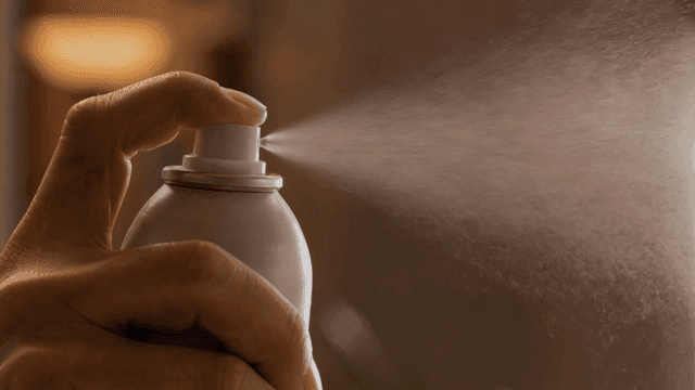 Hand pressing spray can indoors