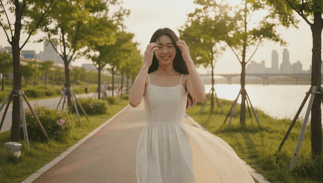 햇살 가득한 강변 공원을 걷는 여성