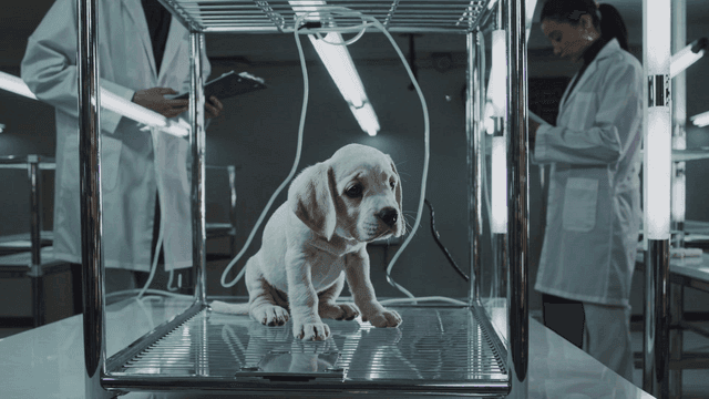 A puppy in a laboratory setting