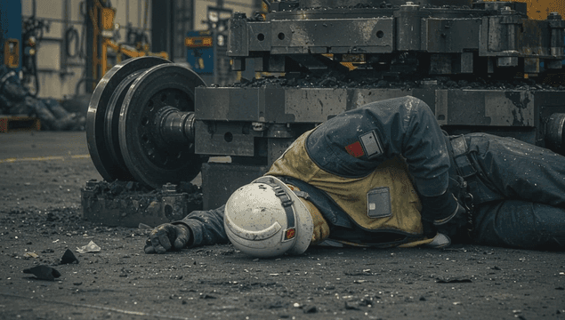기계가 있는 공장에서 부상당한 작업자