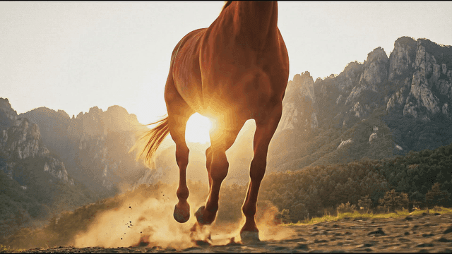 Red horse running through mountainous terrain
