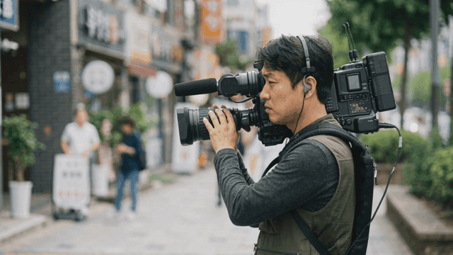 Cameraman filming on busy city street