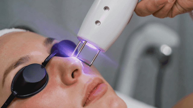 Dermatological procedure for laser treatment on woman's face