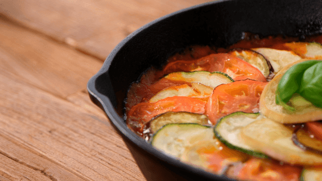 Colorful ratatouille cooked in pan