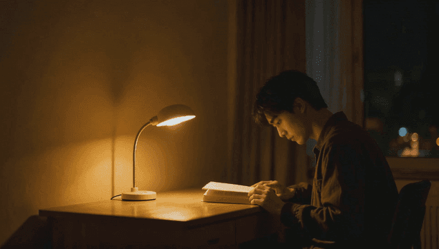 책상 램프 아래에서 독서하는 젊은 남성