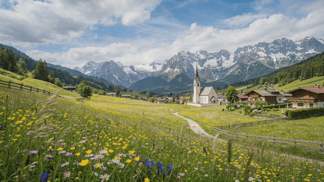 Peaceful European village with view of mountains