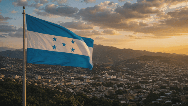 Cityscape with Honduran flag at sunset