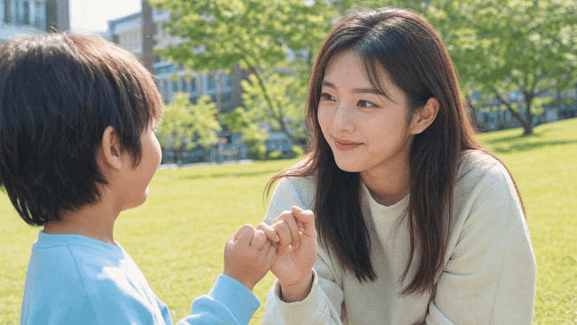 Woman and child holding fingers in park