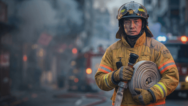 Firefighter holding fire hose