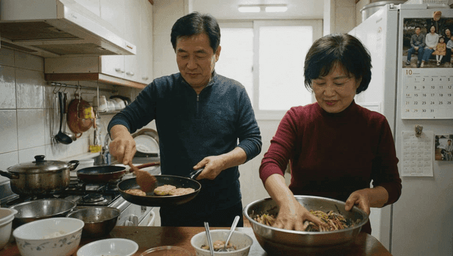 A couple cooking together in the kitchen