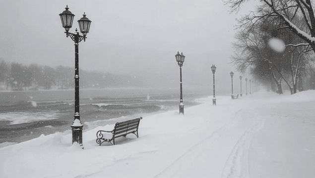 Snowy riverside with street lamps and benches