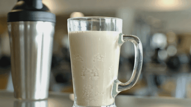Glass of protein shake on table