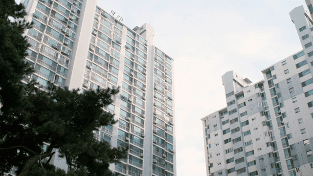Tall apartment buildings with trees