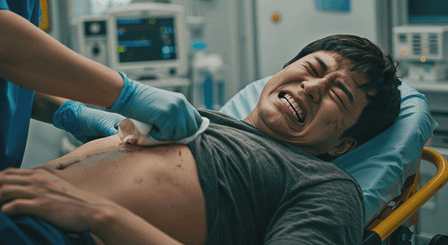 병원 침대에서 아파하는 환자