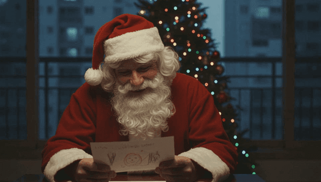 아이 집에서 편지를 읽는 산타 할아버지