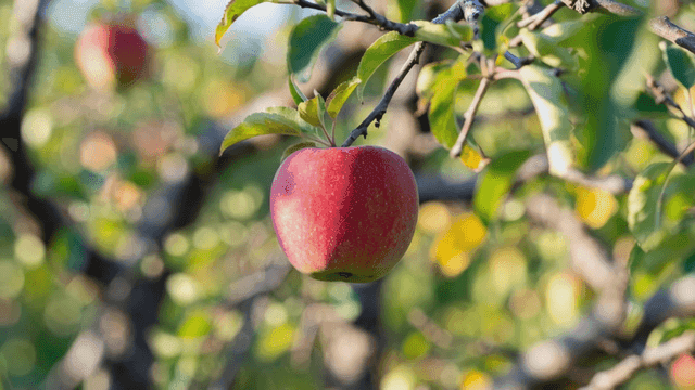 Ripe red apple hanging on tree branch