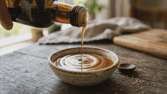 Sesame oil being poured from bowl