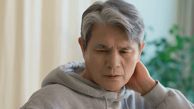 실내에서 목을 마사지하는 노인