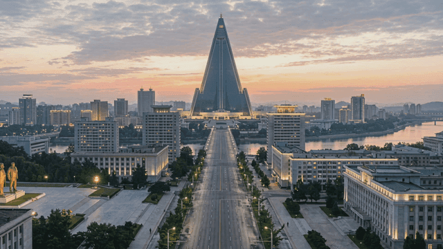 Cityscape of Pyongyang, North Korea, featuring Tower of Dawn