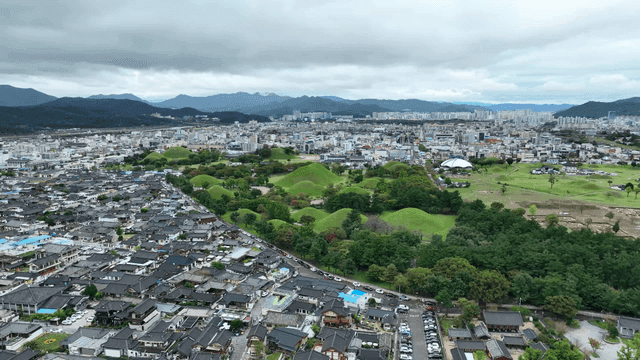 Daereungwon, with its traditional Korean houses and green hills