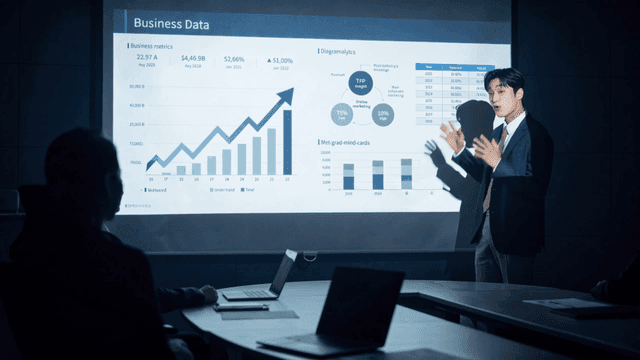 Employee giving business presentation with data charts