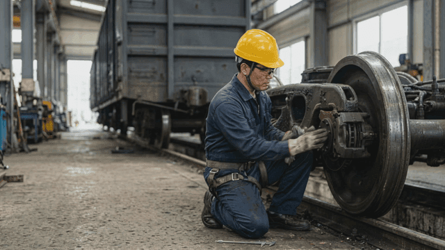 Worker repairing train in a factory