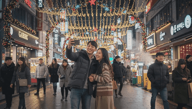 크리스마스 상점 거리에서 셀카를 찍는 커플