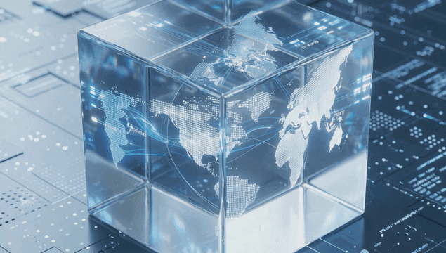 Digital cube with world map and data