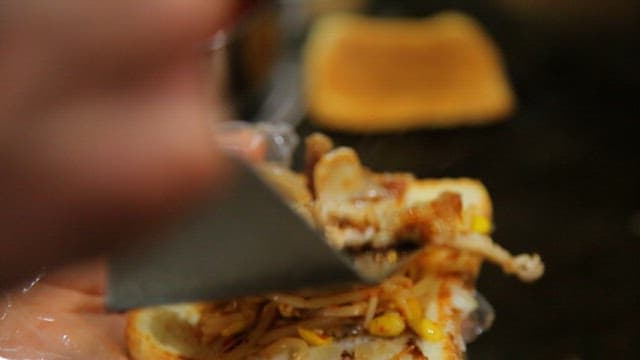 Pork bulgogi and bean sprouts on toast