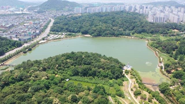 높은 건물들로 둘러싸인 도심 속 푸른 공원