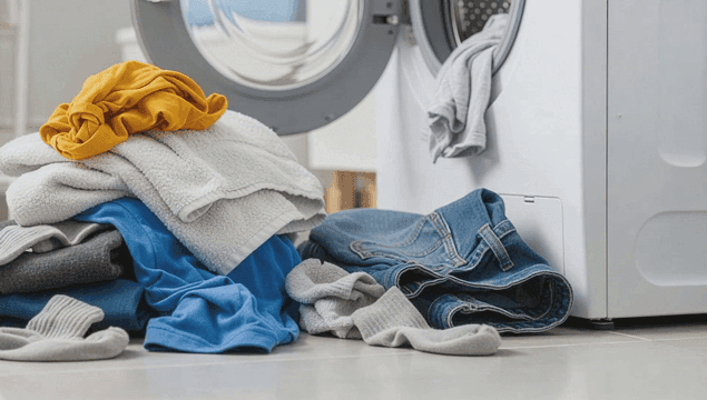 드럼 세탁기 앞에 쌓인 빨래