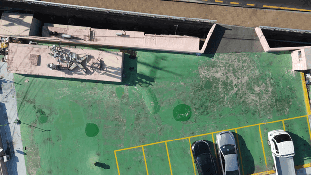 Cars on road and in parking lots