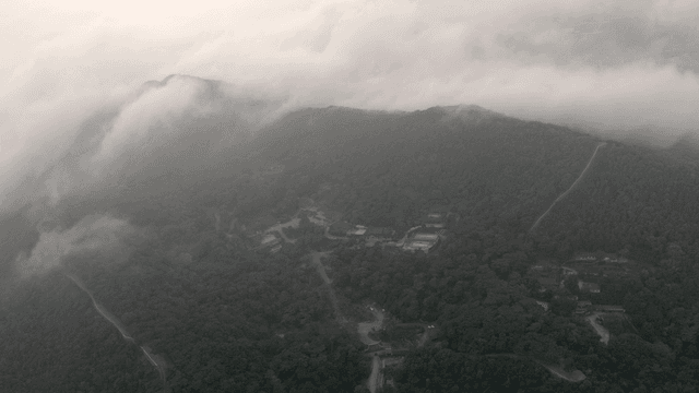 구름이 낀 안개 낀 산 풍경