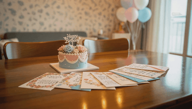 테이블 위의 생일 케이크와 카드