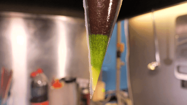 Colorful liquid sauces in different colors on each floor in kitchen