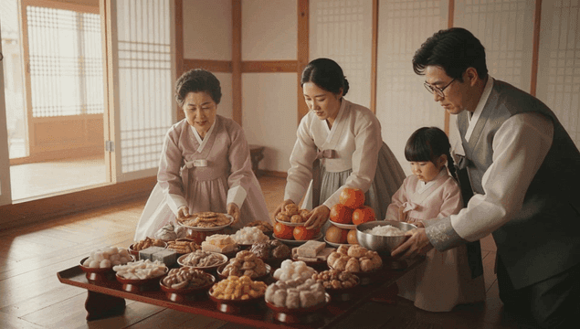 Family preparing traditional holiday food