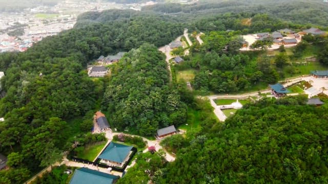 Traditional Korean temple surrounded by lush forest