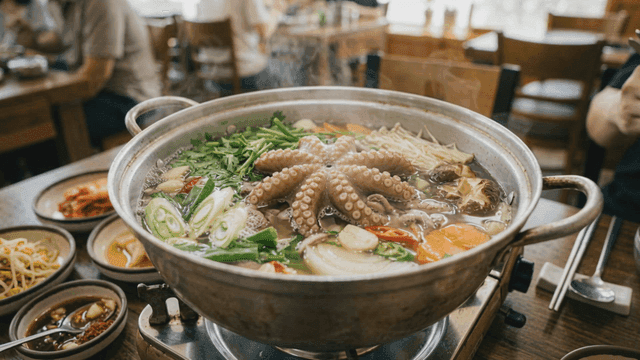 Octopus hot pot boiling on a table