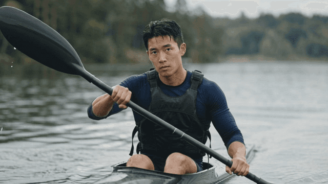 Man kayaking on calm lake.
