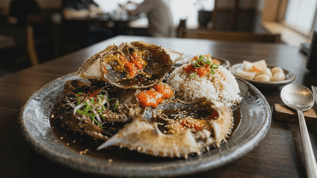 Rice topped with salty soy sauce marinated crab