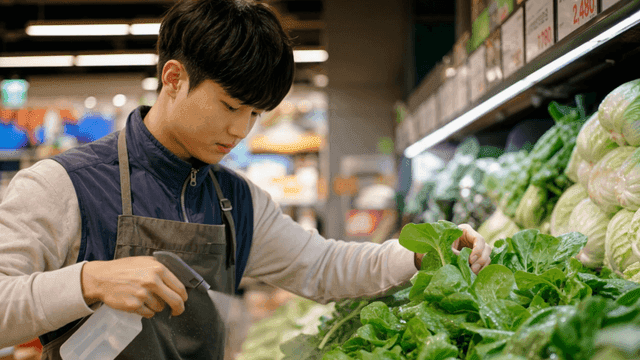 직원이 마트 식료품 코너에 신선한 채소에 물을 뿌리는 모습