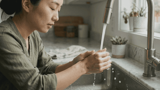 Woman washing her hands at kitchen sink