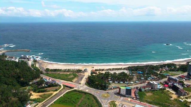 Coastal town with a sandy beach and ocean