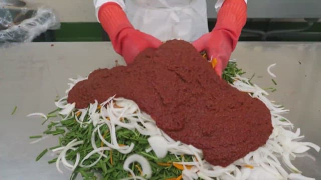 Person making kimchi in a kitchen with fresh ingredients